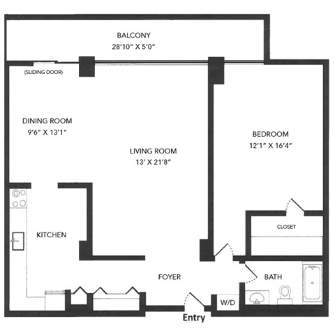 Floor plan for 1 bed, 1 bath, 963 sqft